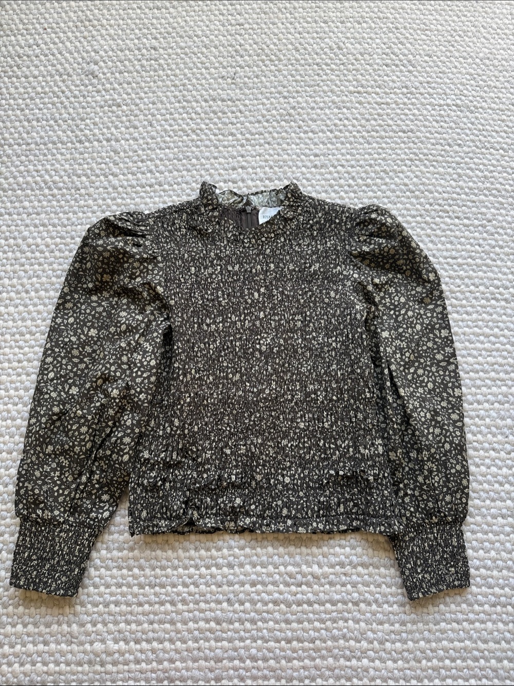 Smocked Puff-Sleeve Floral Blouse in Brown and Ivory